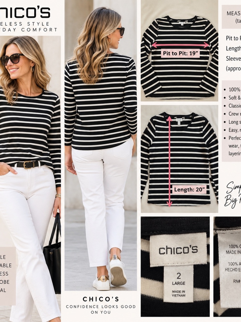 Chico's Black and White Striped Long Sleeve Crew Top